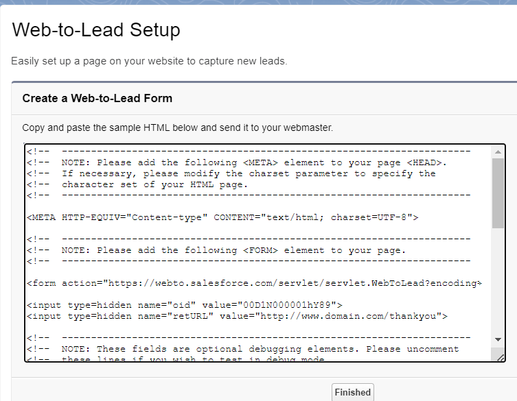 web-to-lead setup code
