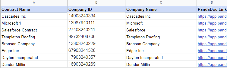 CSV of contract-to-company associations between PandaDoc and HubSpot