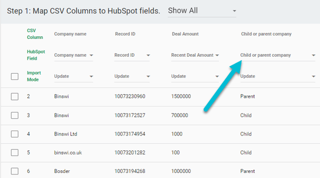 Importing child and parent tags for company records