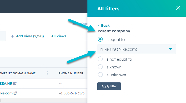 Filtering for all companies that are associated with the Nike HQ parent company