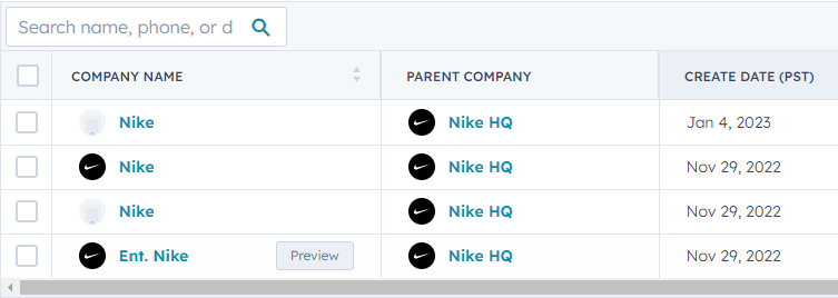 Filtered child companies of Nike HQ