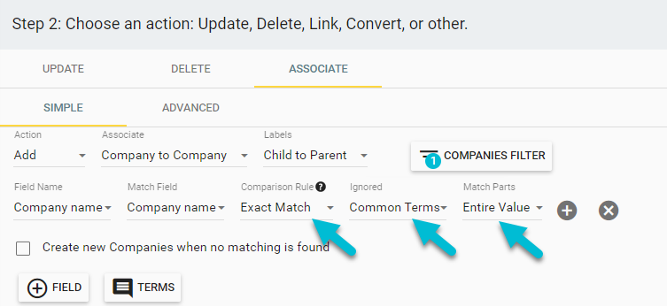 Advanced matching functionality for creating, removing, or setting child-parent associations