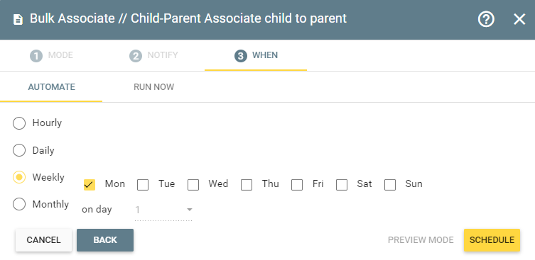 Automating child-parent associations to run on a set schedule