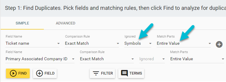 Setting ignored elements and matched parts for the matching fields in Insycle