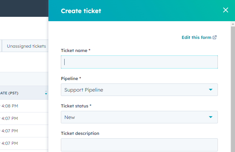 Creating a ticket in HubSpot