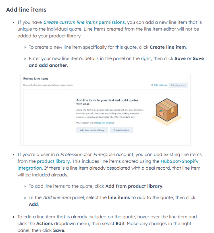 line items hubspot documentation