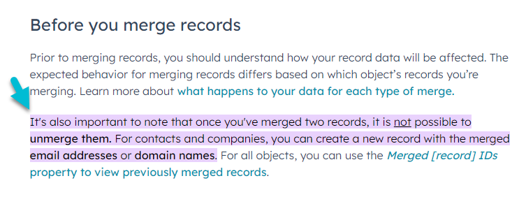 HubSpot unmerge not allowed