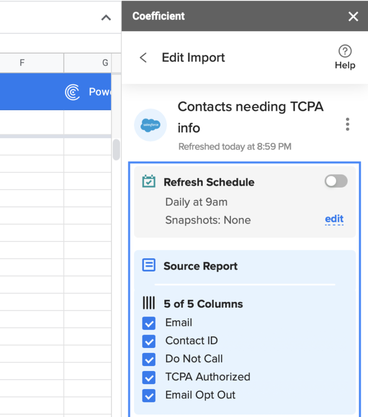 Coefficient google sheets connector app