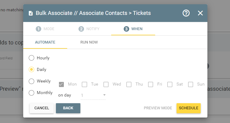 Automating ticket association templates to run on a defined schedule in Insycle