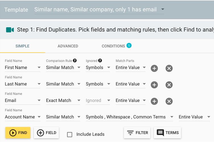 An Insycle Merge Duplicates template matching duplicate records using first name, last name, email, and account name, with advanced matching criteria.