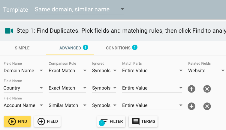 An Insycle Merge Duplicates template matching duplicate records using domain name, country, and account name.