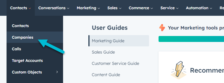 select companies form the contacts dropdown HubSpot
