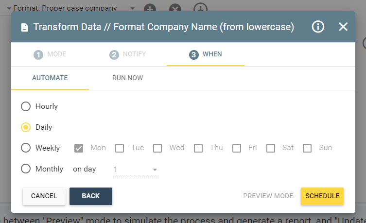 standardize company names automation set schedule